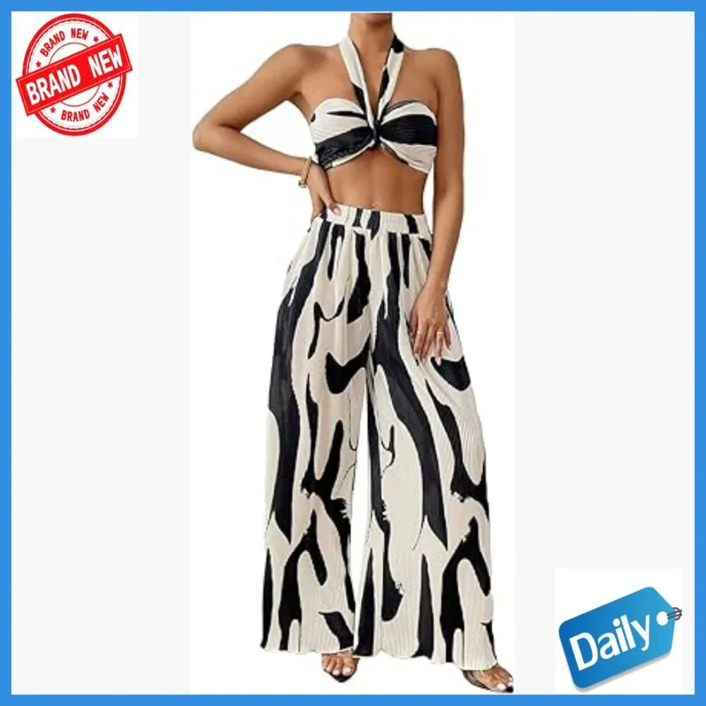 Polyester Knitted Crop Halter Top and Wide Leg Pants Set Size Small